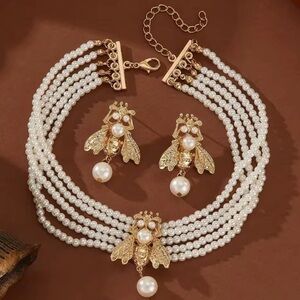 Vintage Pearl Gold Bee Multilayer Choker Necklace&Earnings Set